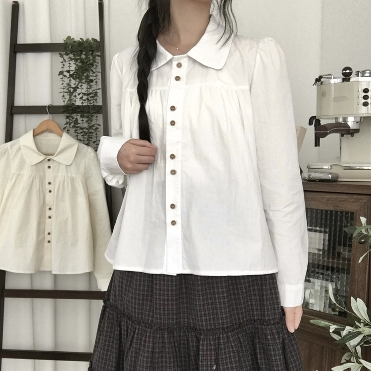 긴팔ver 모리걸 라운드카라 셔링 우드 투버튼 긴팔 블라우스 아이보리