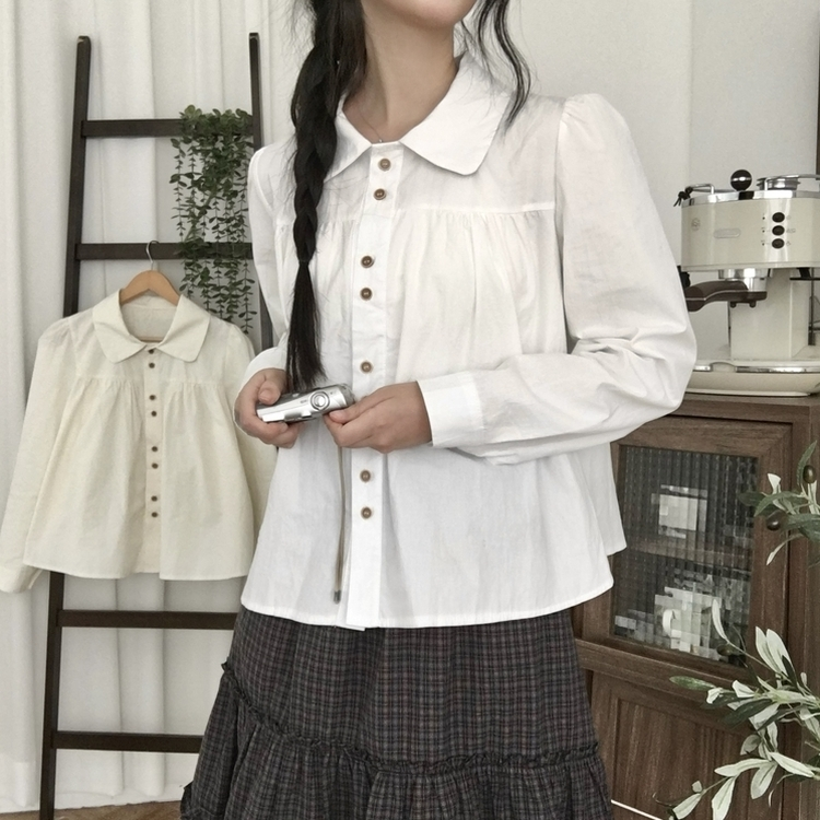 긴팔ver 모리걸 라운드카라 셔링 우드 투버튼 긴팔 블라우스 아이보리