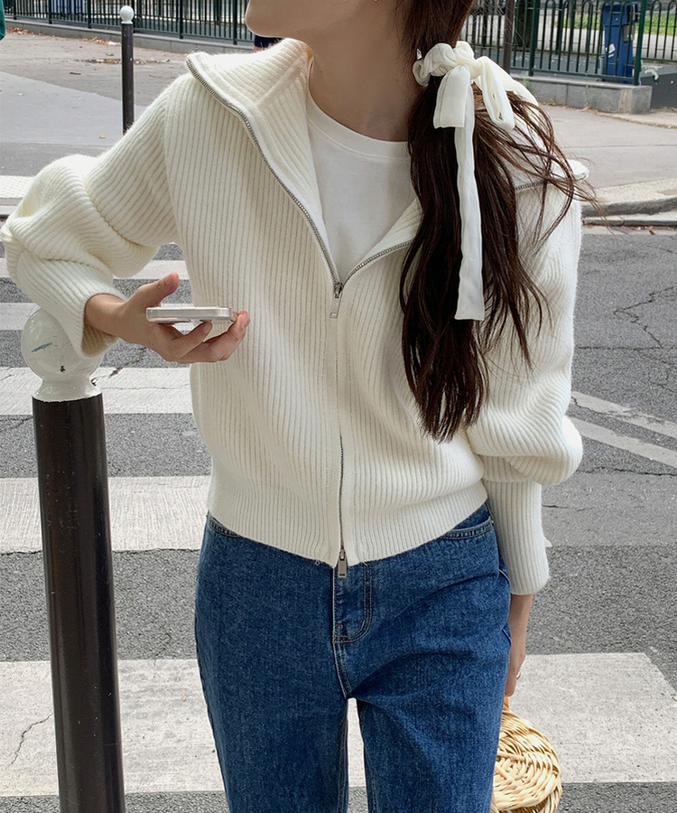 [SONA単独販売_MADE]韓国内販売数1位ニットジップアップカーディガン(20colors) 1 FLAT WHITE