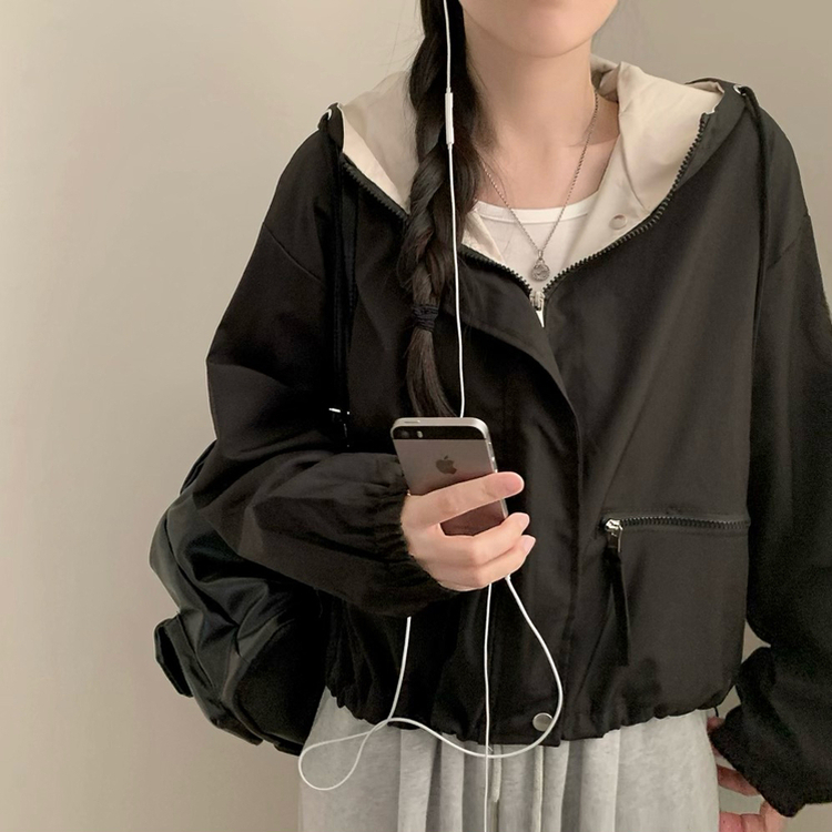 カジュアルバイカラーフードフィールドジャケット BLACK