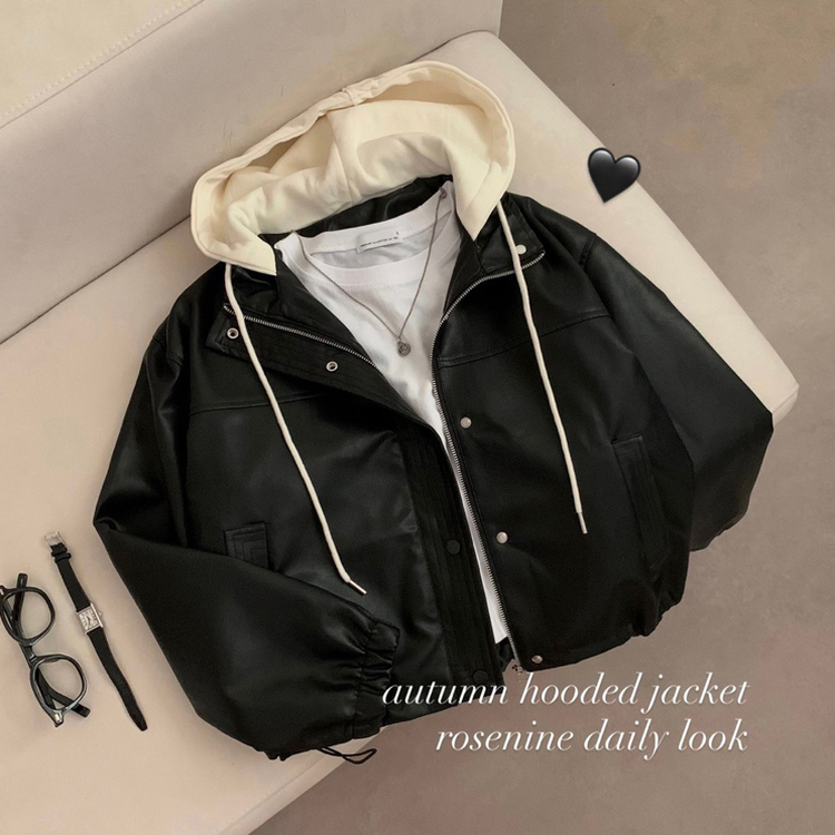 마리 후드 라이더 자켓 긴팔 아우터 레더자켓 가을 가을옷 봄 봄옷 가죽 자켓