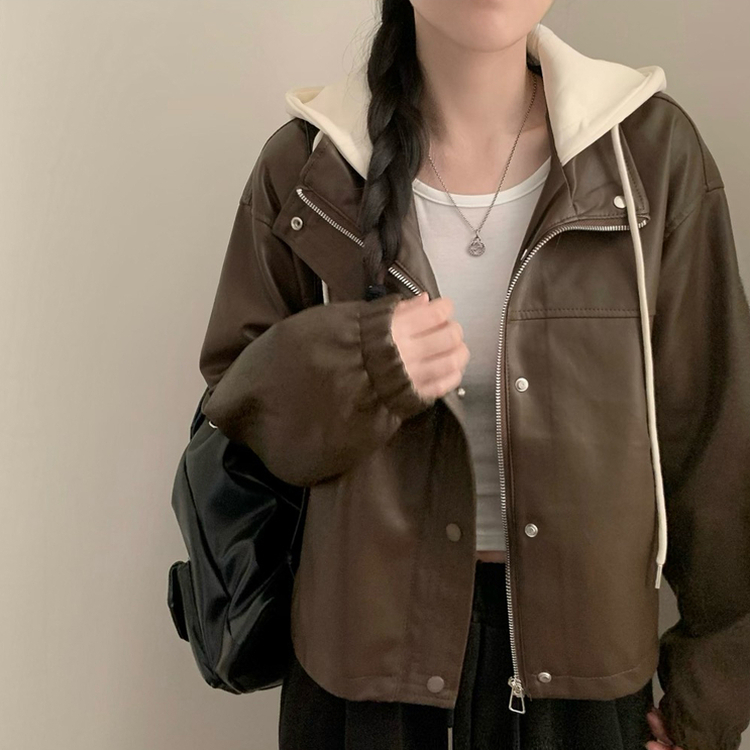 마리 후드 라이더 자켓 긴팔 아우터 레더자켓 가을 가을옷 봄 봄옷 가죽 자켓