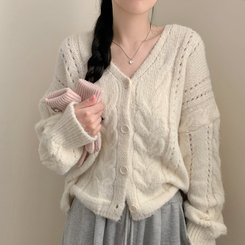 딸기우유 펀칭 꽈배기 케이블 루즈핏 오버핏 크롭 긴팔 니트 가디건 아이보리