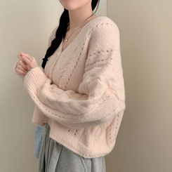 딸기우유 펀칭 꽈배기 케이블 루즈핏 오버핏 크롭 긴팔 니트 가디건 핑크