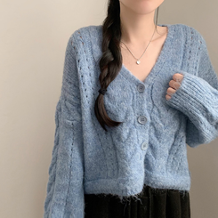 딸기우유 펀칭 꽈배기 케이블 루즈핏 오버핏 크롭 긴팔 니트 가디건 소라