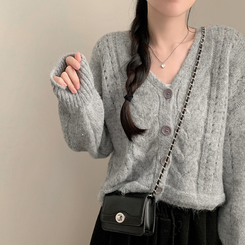 딸기우유 펀칭 꽈배기 케이블 루즈핏 오버핏 크롭 긴팔 니트 가디건 그레이