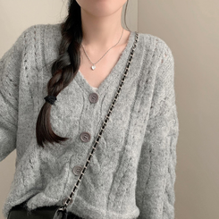딸기우유 펀칭 꽈배기 케이블 루즈핏 오버핏 크롭 긴팔 니트 가디건 그레이