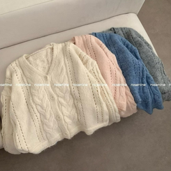 딸기우유 펀칭 꽈배기 케이블 루즈핏 오버핏 크롭 긴팔 니트 가디건