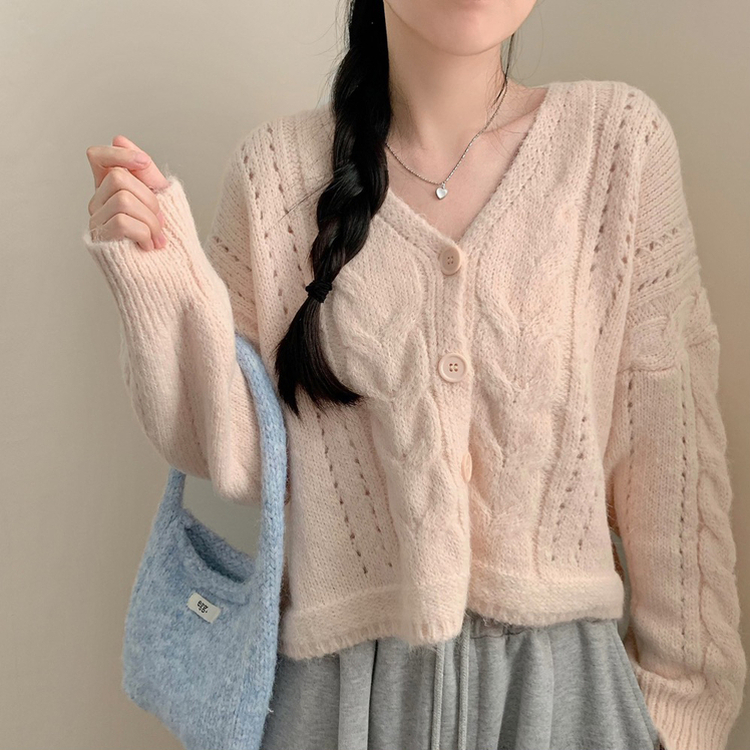 딸기우유 펀칭 꽈배기 케이블 루즈핏 오버핏 크롭 긴팔 니트 가디건 핑크