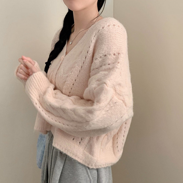 딸기우유 펀칭 꽈배기 케이블 루즈핏 오버핏 크롭 긴팔 니트 가디건 핑크