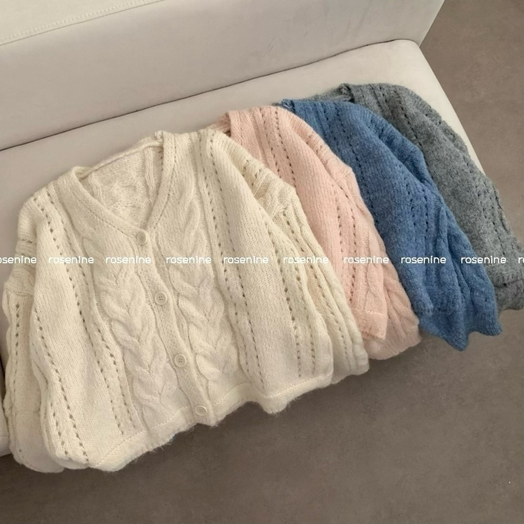 딸기우유 펀칭 꽈배기 케이블 루즈핏 오버핏 크롭 긴팔 니트 가디건