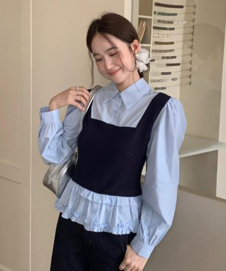 ベストフリルレイヤードブラウス NAVY