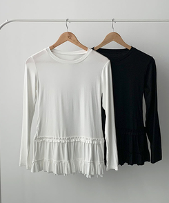 레아틴 밑단 프릴 실키 긴팔 티셔츠