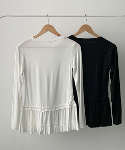 레아틴 밑단 프릴 실키 긴팔 티셔츠