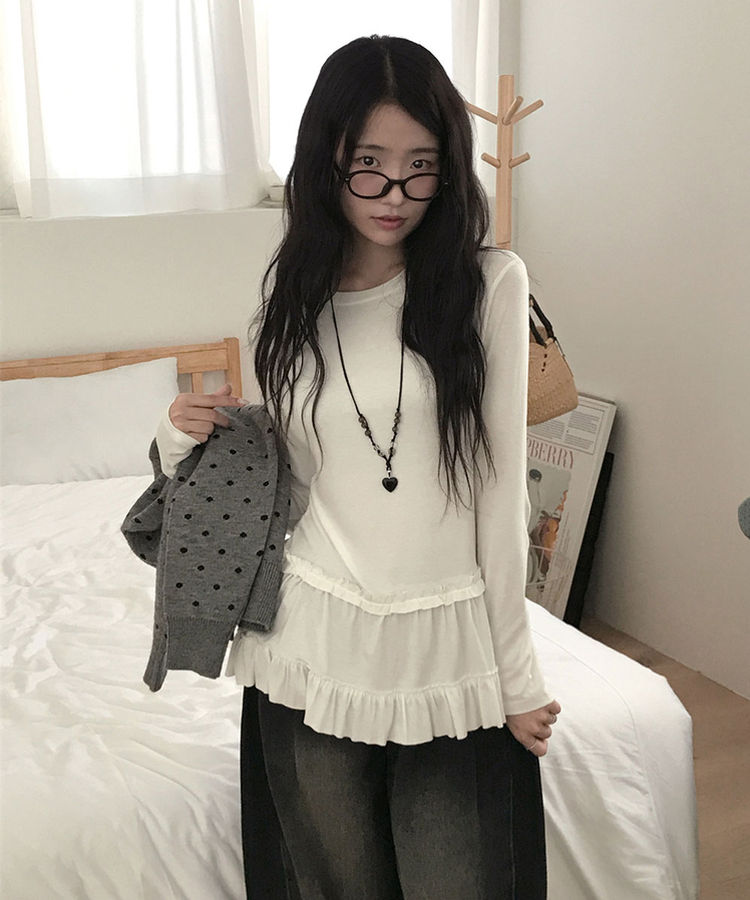 레아틴 밑단 프릴 실키 긴팔 티셔츠 아이보리