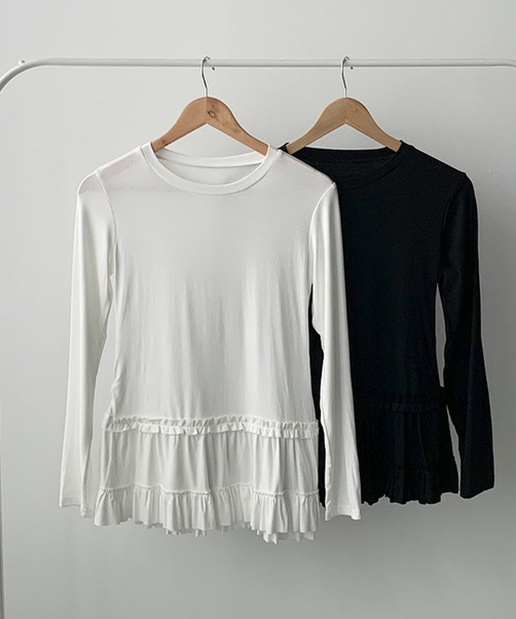 레아틴 밑단 프릴 실키 긴팔 티셔츠