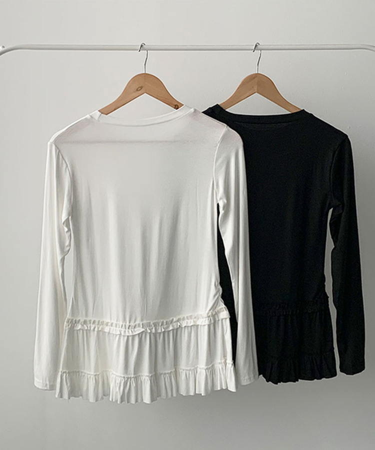 레아틴 밑단 프릴 실키 긴팔 티셔츠