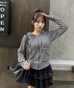 ストライプフードジップアップ IVORY