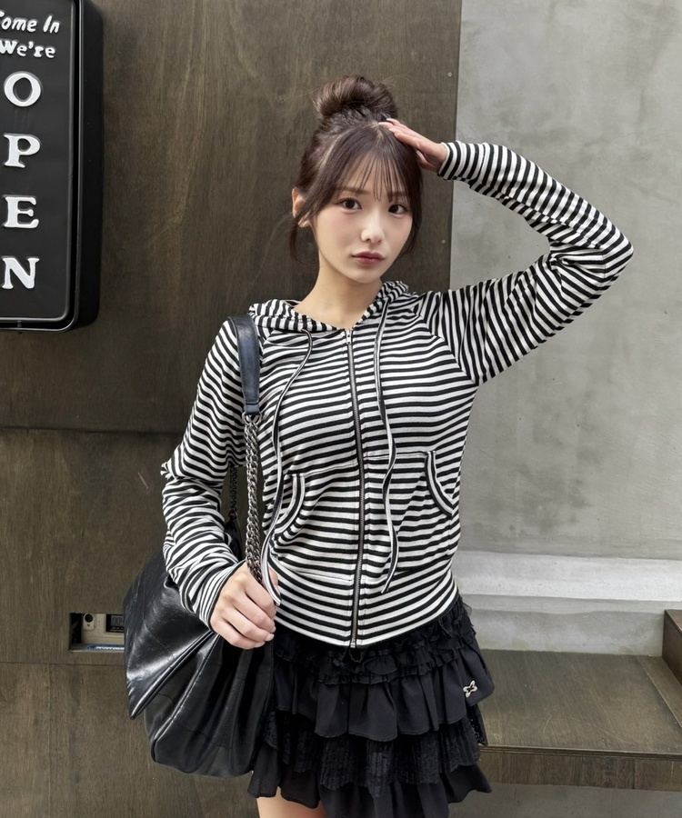 ストライプフードジップアップ IVORY