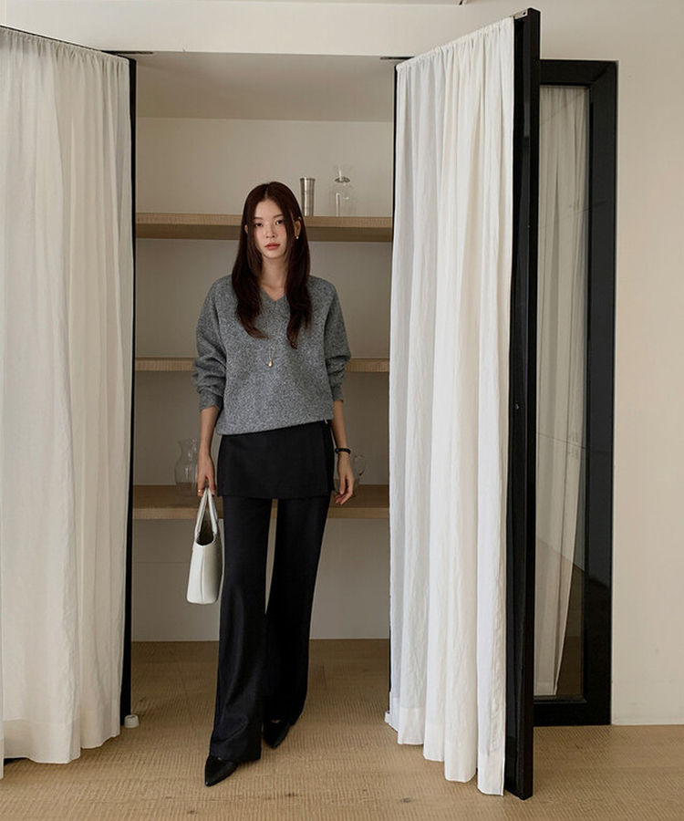 バックルラップレイヤードブーツカットスラックス BLACK