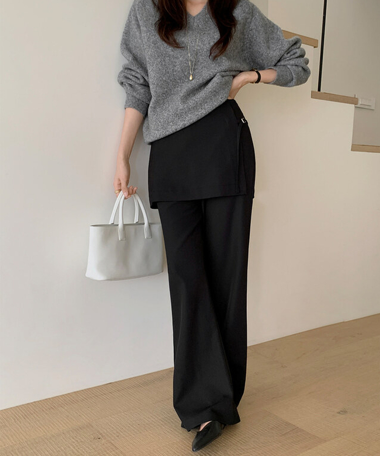 バックルラップレイヤードブーツカットスラックス BLACK