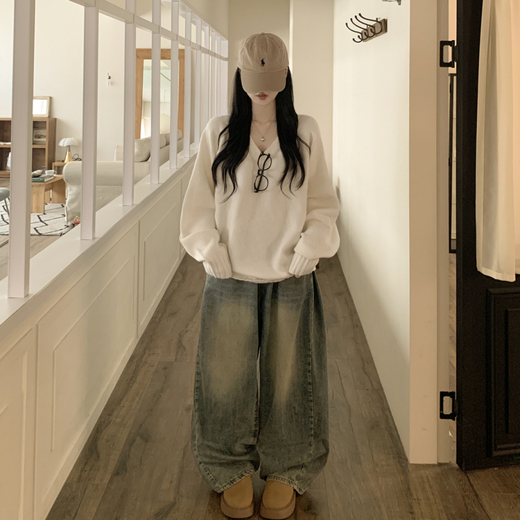 사이즈선택 도톰 나그랑 여리여리 오버핏 가을 겨울 오버핏 브이넥 니트 화이트