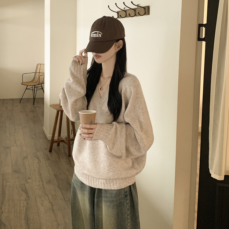 사이즈선택 도톰 나그랑 여리여리 오버핏 가을 겨울 오버핏 브이넥 니트 베이지