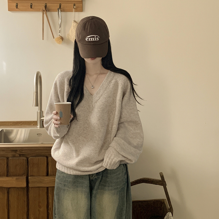 사이즈선택 도톰 나그랑 여리여리 오버핏 가을 겨울 오버핏 브이넥 니트 베이지