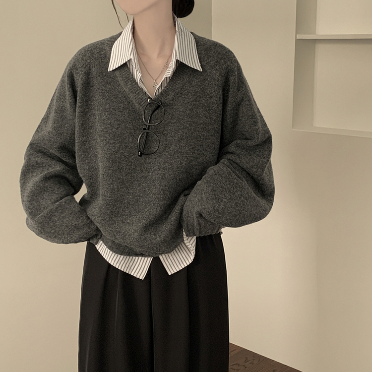 사이즈선택 도톰 나그랑 여리여리 오버핏 가을 겨울 오버핏 브이넥 니트 차콜