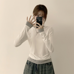리미티드 라운드 레이어드 세미 크롭 가을 긴팔 티셔츠 겨울 데일리 옆셔링 긴팔티 화이트