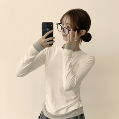 리미티드 라운드 레이어드 세미 크롭 가을 긴팔 티셔츠 겨울 데일리 옆셔링 긴팔티 화이트