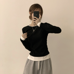 리미티드 라운드 레이어드 세미 크롭 가을 긴팔 티셔츠 겨울 데일리 옆셔링 긴팔티 블랙