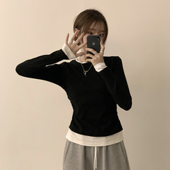 리미티드 라운드 레이어드 세미 크롭 가을 긴팔 티셔츠 겨울 데일리 옆셔링 긴팔티 블랙