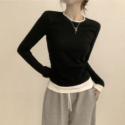 리미티드 라운드 레이어드 세미 크롭 가을 긴팔 티셔츠 겨울 데일리 옆셔링 긴팔티 블랙