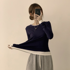 리미티드 라운드 레이어드 세미 크롭 가을 긴팔 티셔츠 겨울 데일리 옆셔링 긴팔티 네이비