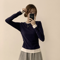 리미티드 라운드 레이어드 세미 크롭 가을 긴팔 티셔츠 겨울 데일리 옆셔링 긴팔티 네이비