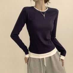 리미티드 라운드 레이어드 세미 크롭 가을 긴팔 티셔츠 겨울 데일리 옆셔링 긴팔티 네이비