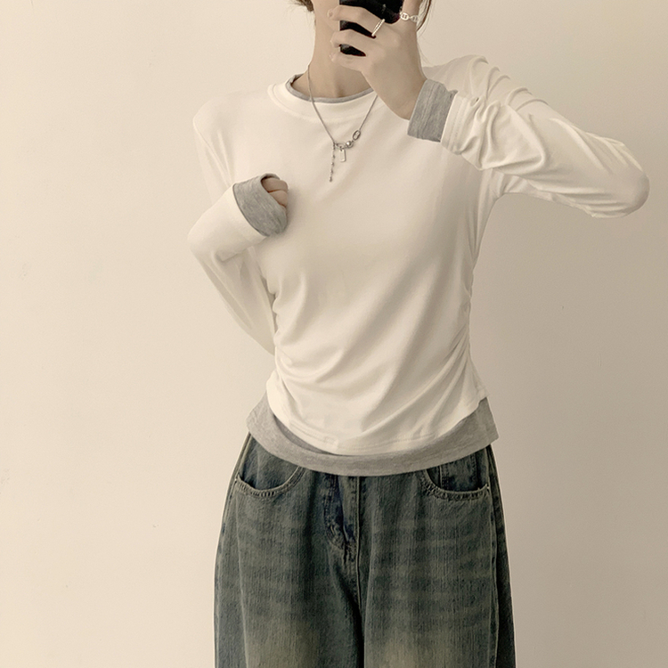리미티드 라운드 레이어드 세미 크롭 가을 긴팔 티셔츠 겨울 데일리 옆셔링 긴팔티 화이트