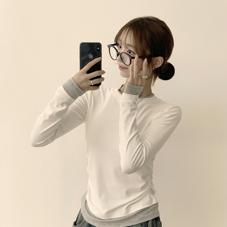 리미티드 라운드 레이어드 세미 크롭 가을 긴팔 티셔츠 겨울 데일리 옆셔링 긴팔티 화이트