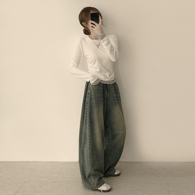 리미티드 라운드 레이어드 세미 크롭 가을 긴팔 티셔츠 겨울 데일리 옆셔링 긴팔티 화이트