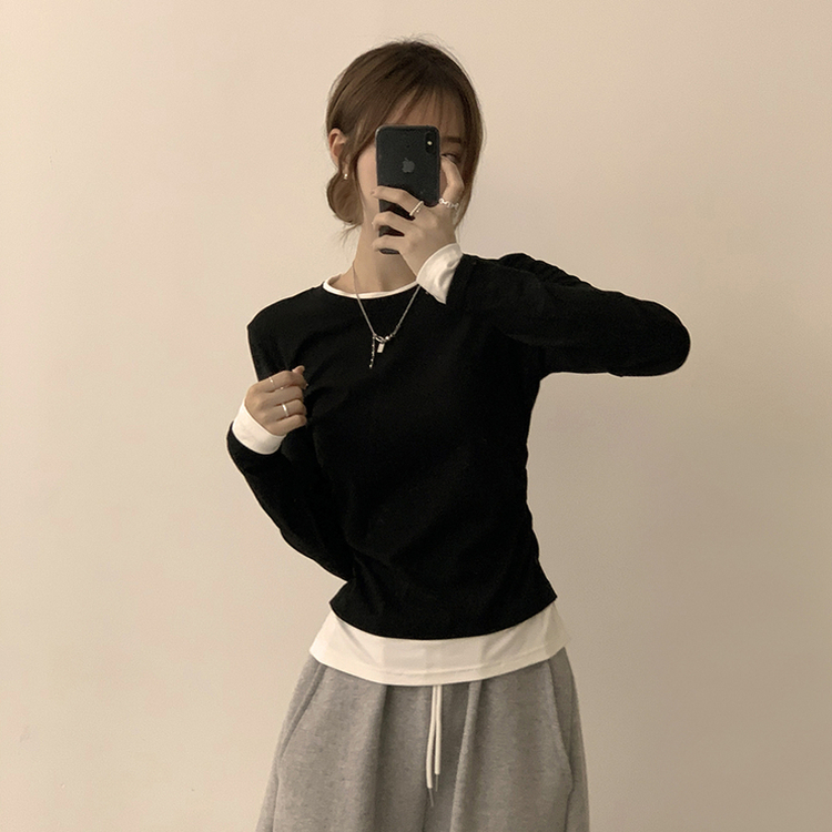 리미티드 라운드 레이어드 세미 크롭 가을 긴팔 티셔츠 겨울 데일리 옆셔링 긴팔티 블랙