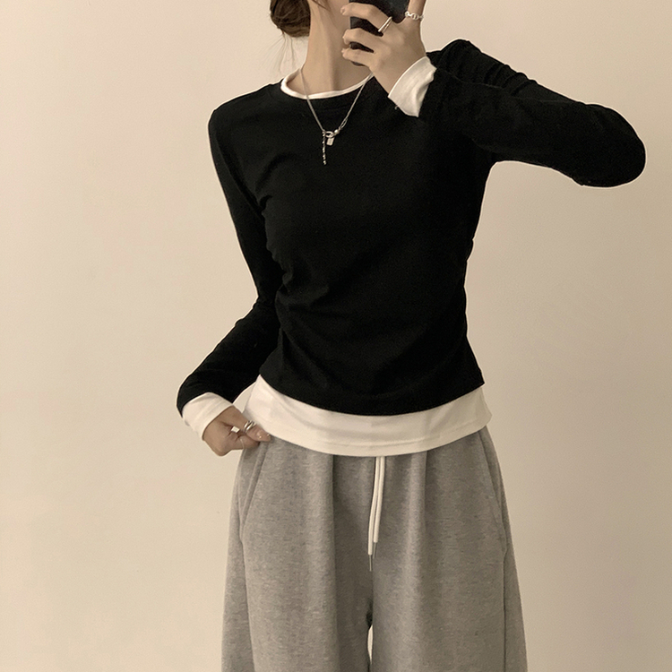 리미티드 라운드 레이어드 세미 크롭 가을 긴팔 티셔츠 겨울 데일리 옆셔링 긴팔티 블랙
