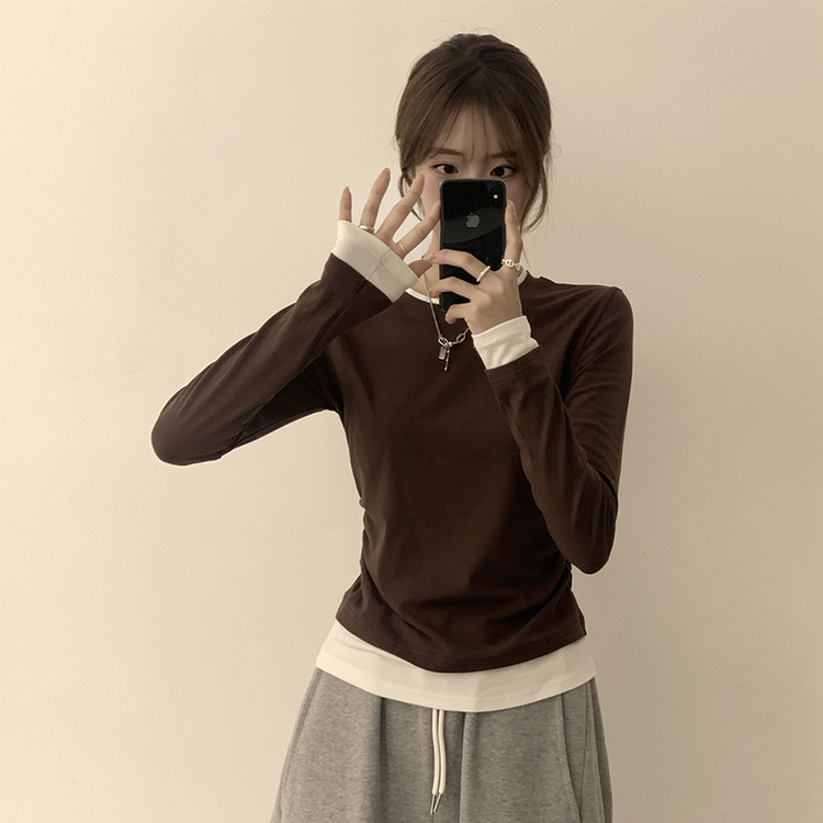 리미티드 라운드 레이어드 세미 크롭 가을 긴팔 티셔츠 겨울 데일리 옆셔링 긴팔티 브라운