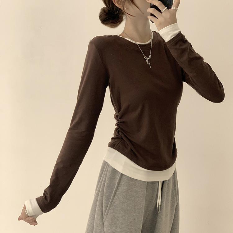 리미티드 라운드 레이어드 세미 크롭 가을 긴팔 티셔츠 겨울 데일리 옆셔링 긴팔티 브라운