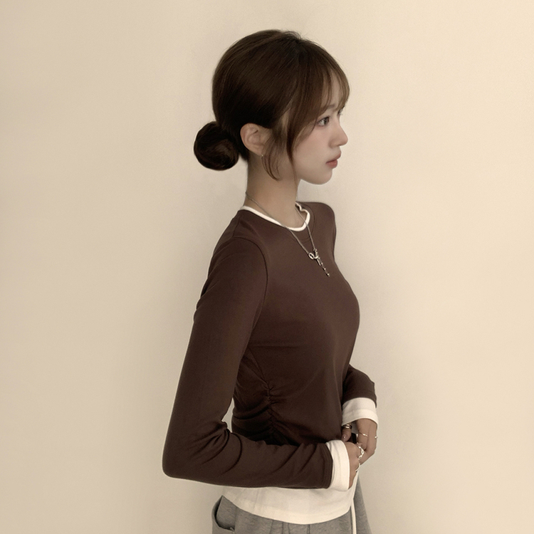 리미티드 라운드 레이어드 세미 크롭 가을 긴팔 티셔츠 겨울 데일리 옆셔링 긴팔티 브라운