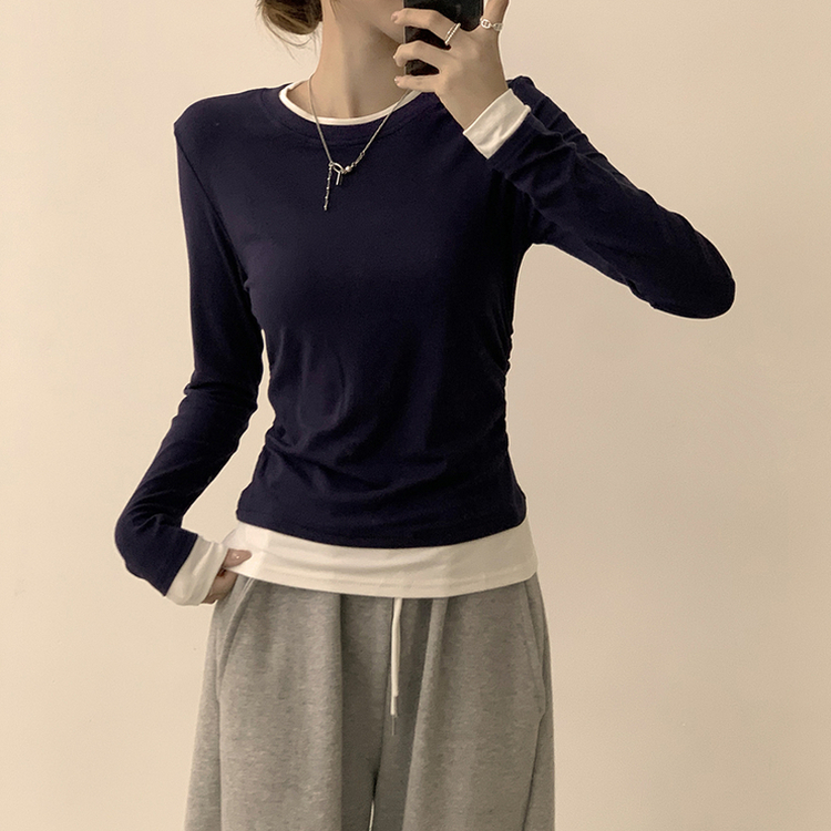 리미티드 라운드 레이어드 세미 크롭 가을 긴팔 티셔츠 겨울 데일리 옆셔링 긴팔티 네이비