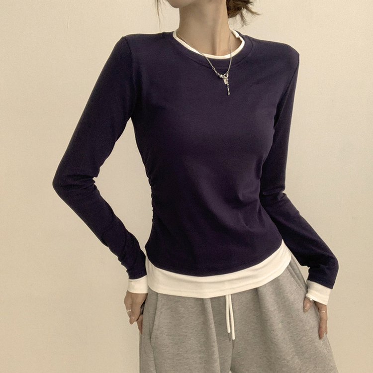 리미티드 라운드 레이어드 세미 크롭 가을 긴팔 티셔츠 겨울 데일리 옆셔링 긴팔티 네이비