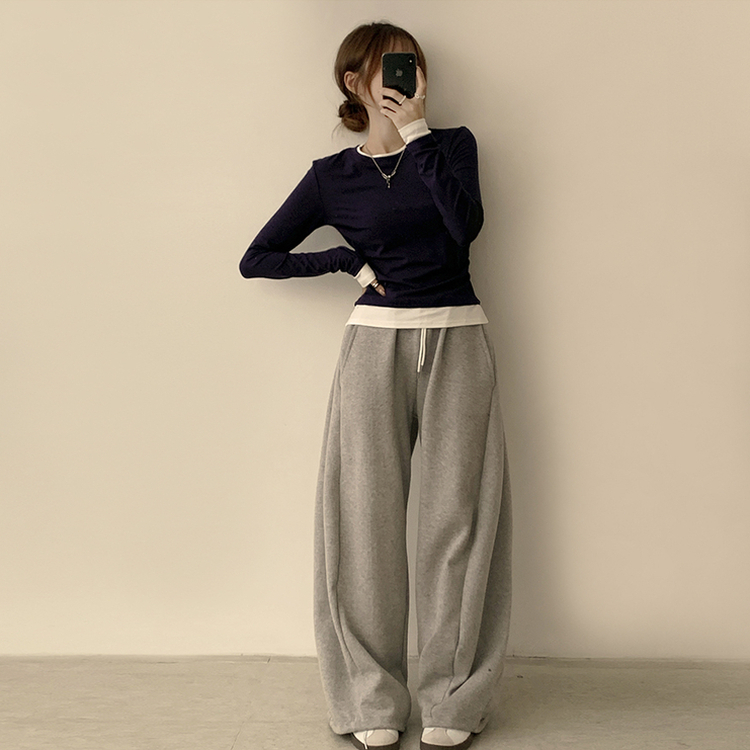 리미티드 라운드 레이어드 세미 크롭 가을 긴팔 티셔츠 겨울 데일리 옆셔링 긴팔티 네이비