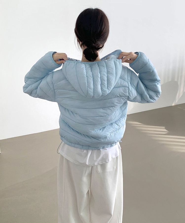 트렌디 경량 하이넥 2way 스트링 패딩 연청