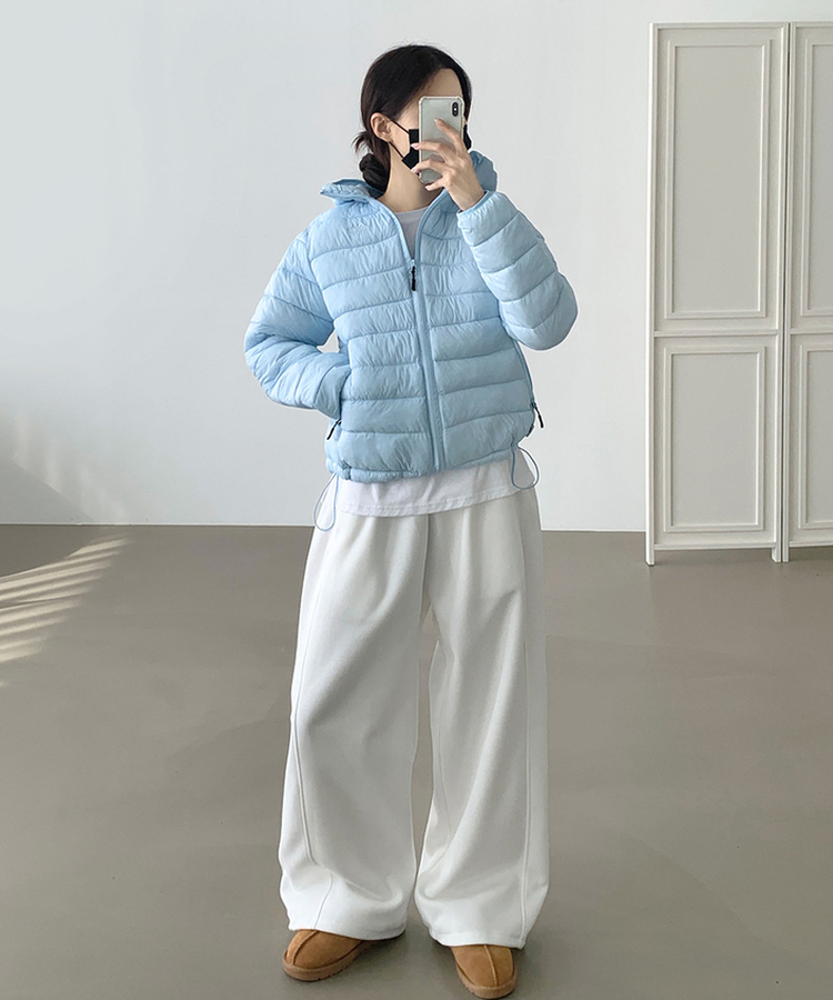 트렌디 경량 하이넥 2way 스트링 패딩 연청